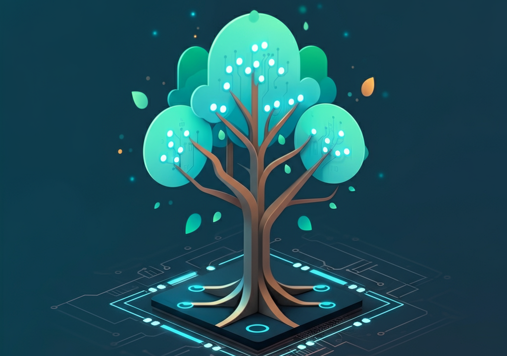 Digital tree with nodes symbolizing tech learning and growth.