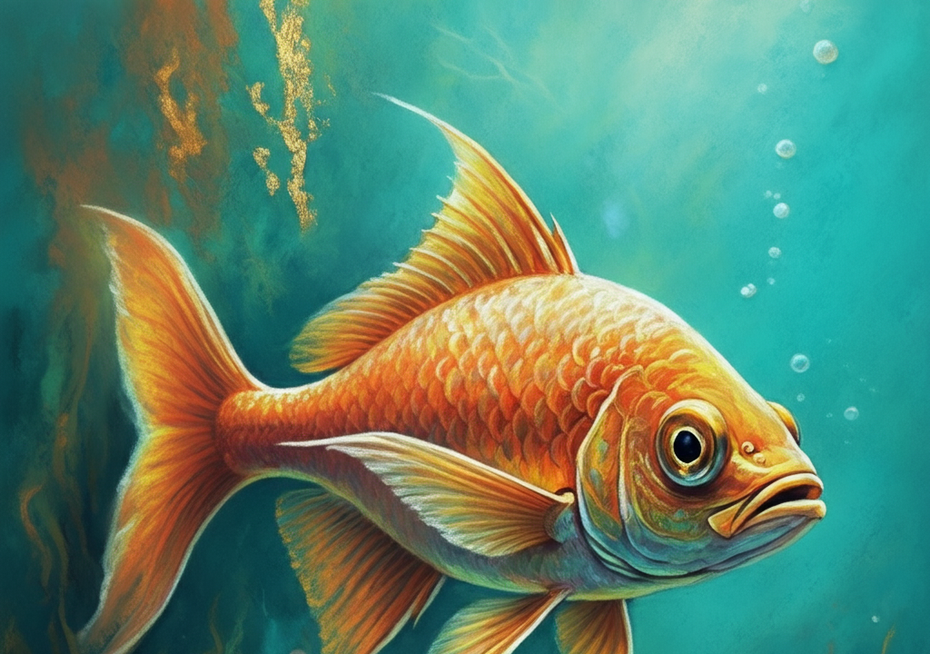 A pastel artwork of a fish inspired by Rita Kirkman's style, with warm tones and abstract aquatic backgrounds.