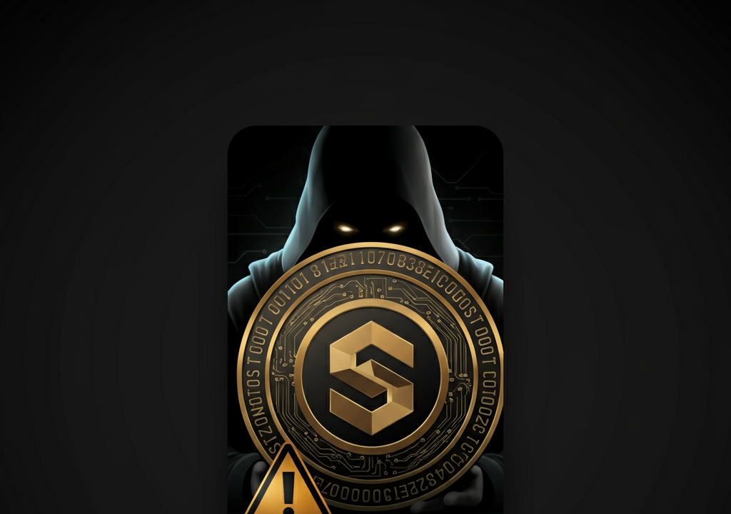 A shadowy figure holding a digital coin with a warning sign, highlighting cryptocurrency risks and controversies.
