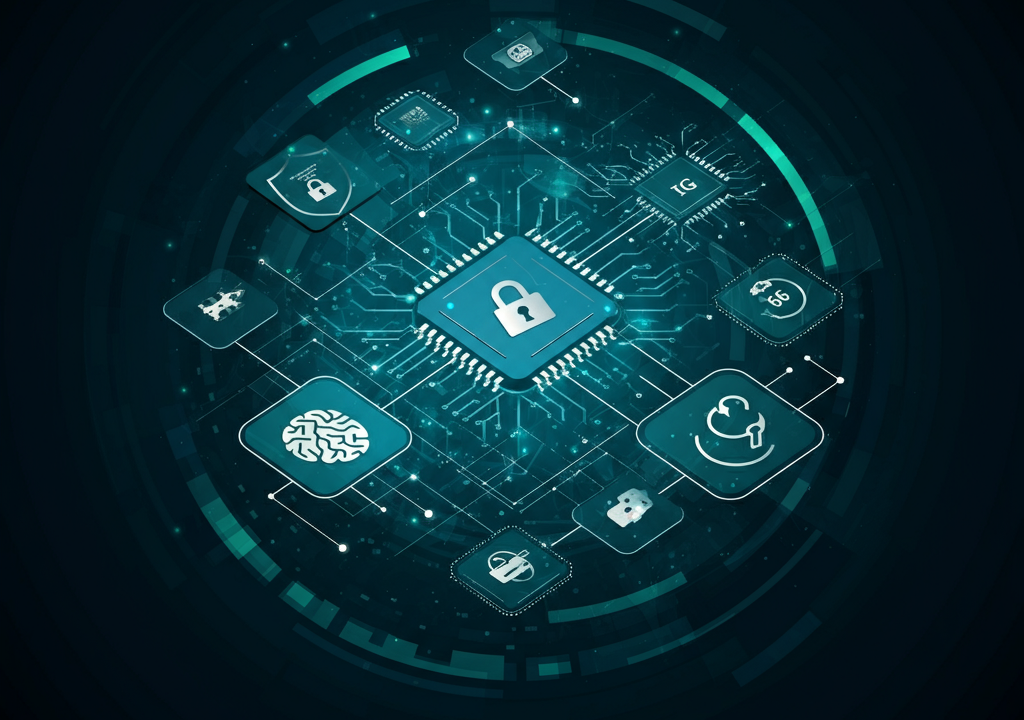 Futuristic illustration of AI, IoT, 5G, and cybersecurity trends.