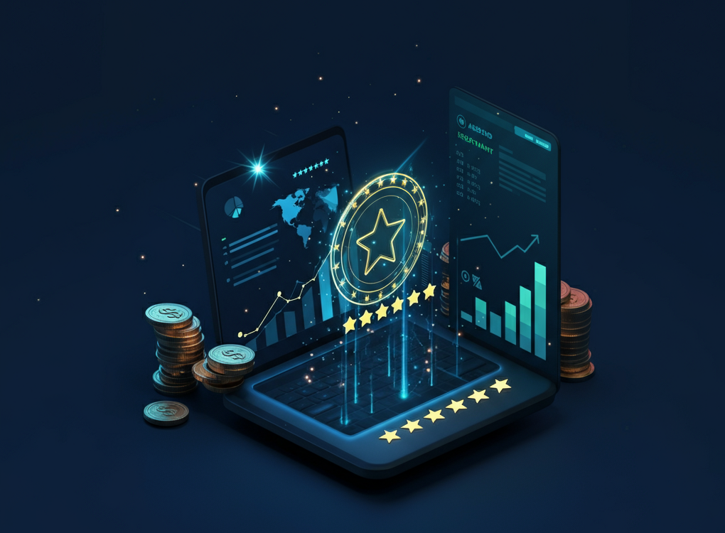 Modern stock market theme with charts, graphs, and star ratings.