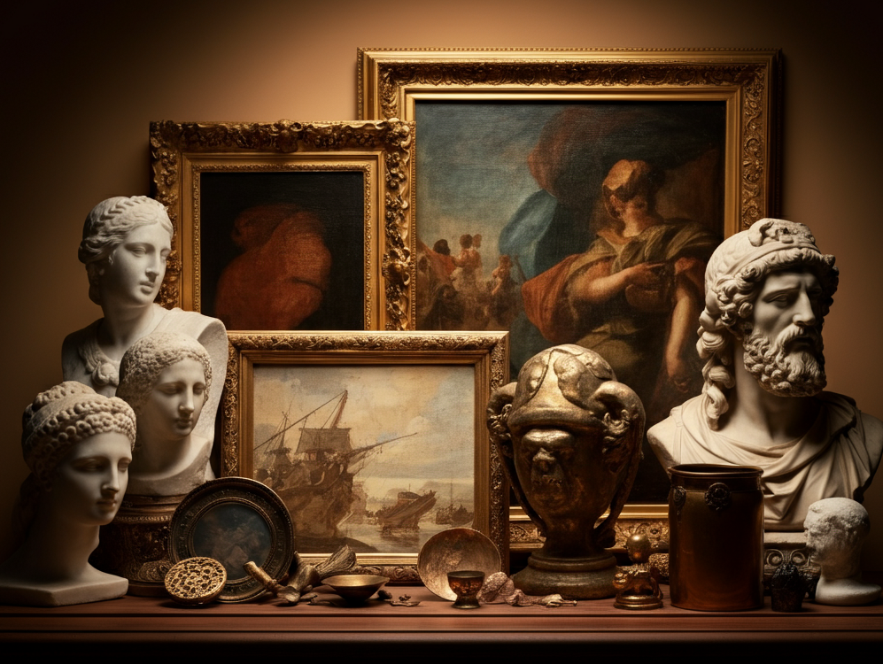 "Collection of ancient sculptures, paintings, and artifacts displayed on a wooden surface, showcasing the timeless beauty of human creativity."