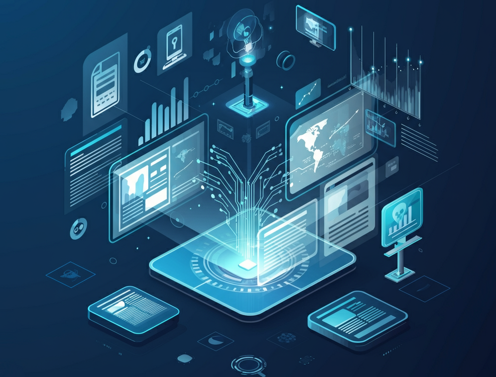 Futuristic concept of AI integrating digital and traditional media for marketing.