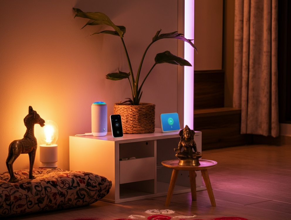 A modern Indian smart home with AI-powered lighting, security, and voice assistants, blending innovation with traditional decor.