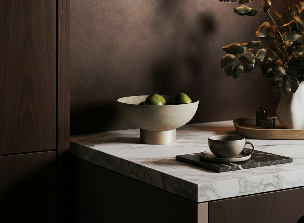 Elegant interior finishes with polished wood and marble countertops.