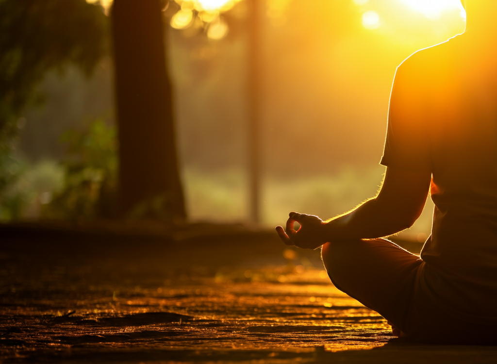 A person meditating in a serene, natural setting, symbolizing inner peace and self-reflection.