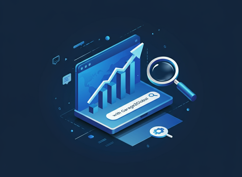 Graph showing upward growth with a magnifying glass over a search bar, representing boosting organic traffic.
