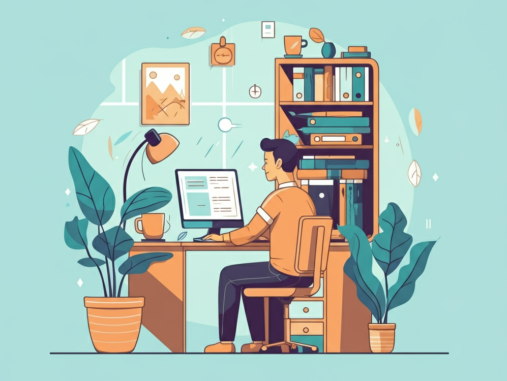 Illustration of a person decluttering their life with a clean desk and serene environment.