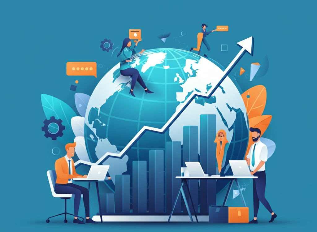 Professional illustration of business growth strategies with a graph, globe, and team collaboration.