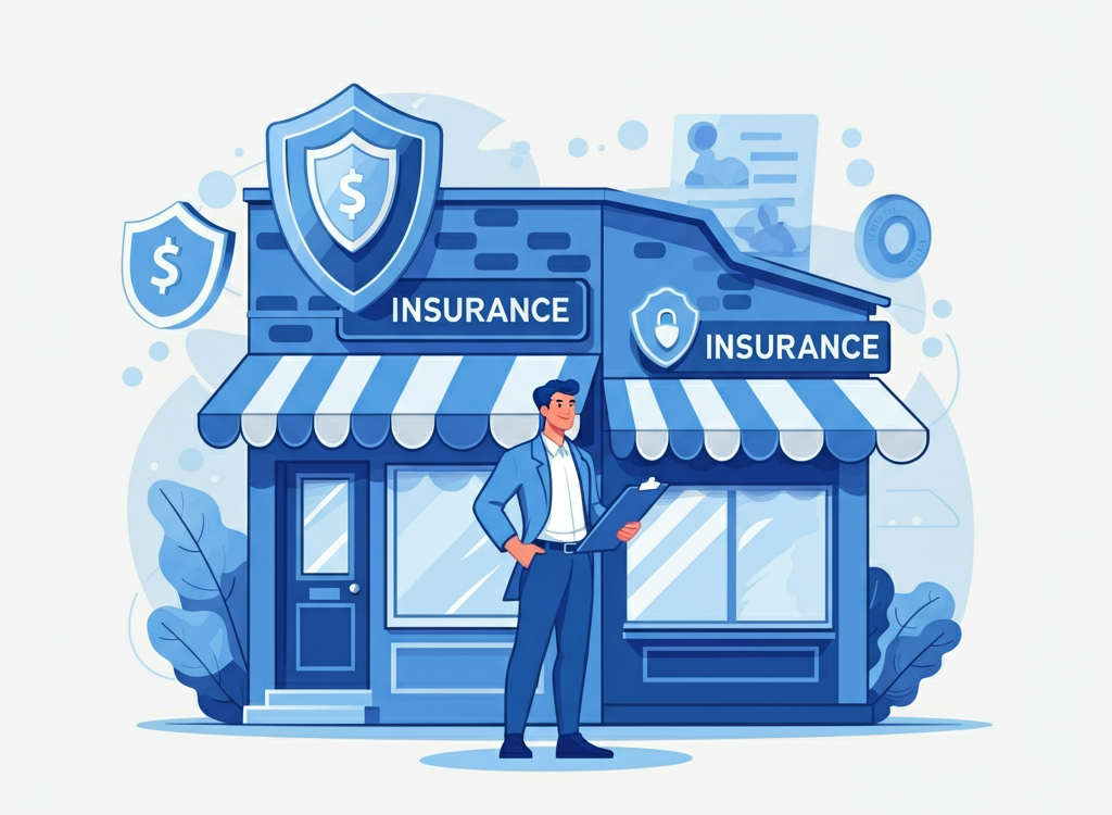 Small business owner standing confidently with insurance icons in the background.