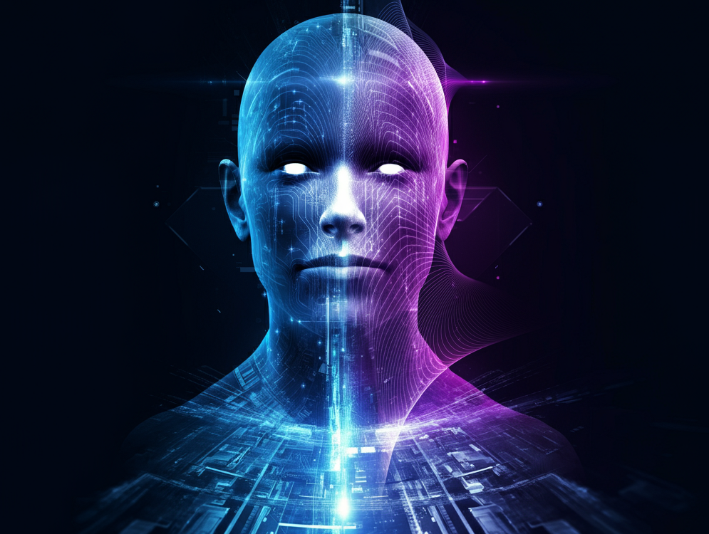 Futuristic digital concept of innovation and identity with glowing lines and a human silhouette.