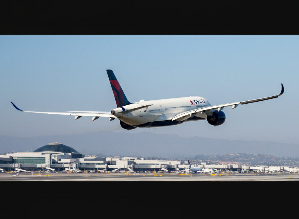 Airbus A350 in flight with LAX in the background