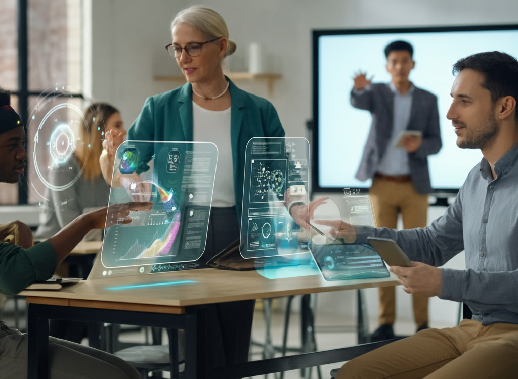 odern classroom with digital tools symbolizing hybrid education and productivity.