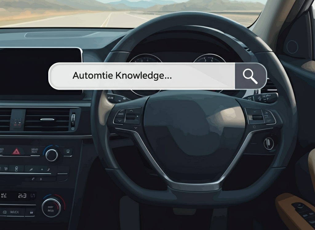 Sleek car dashboard with a search bar overlay, symbolizing automotive knowledge.