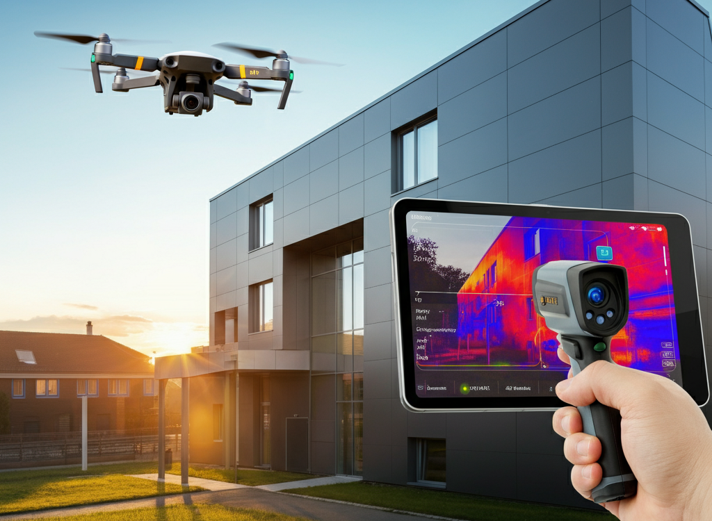 A drone and thermal imaging equipment inspecting a modern building with AI analysis displayed.