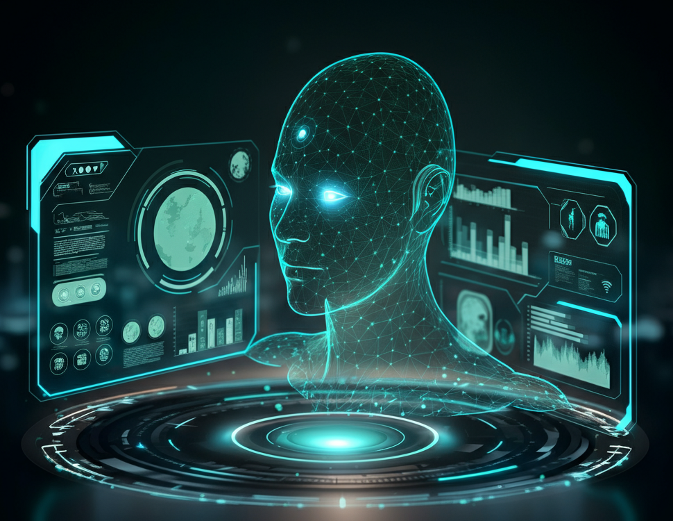 Futuristic depiction of human-technology interaction with AI and sensory integration.