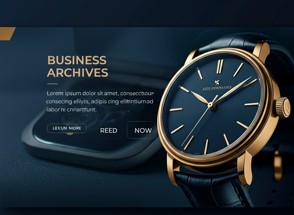 Digital archive interface with luxury watch graphics in blue and gold tones.