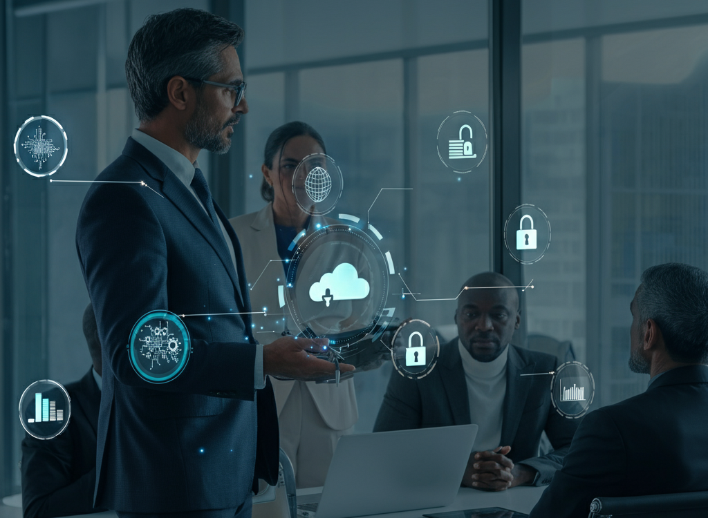 Illustration of IT consulting services with a consultant presenting digital strategies in a modern office.