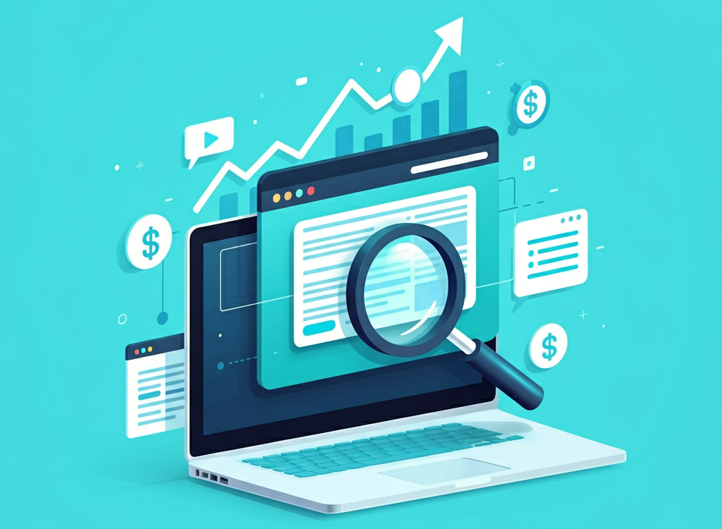 Rising graph and magnifying glass over a website, symbolizing improved rankings with Garage2Global.
