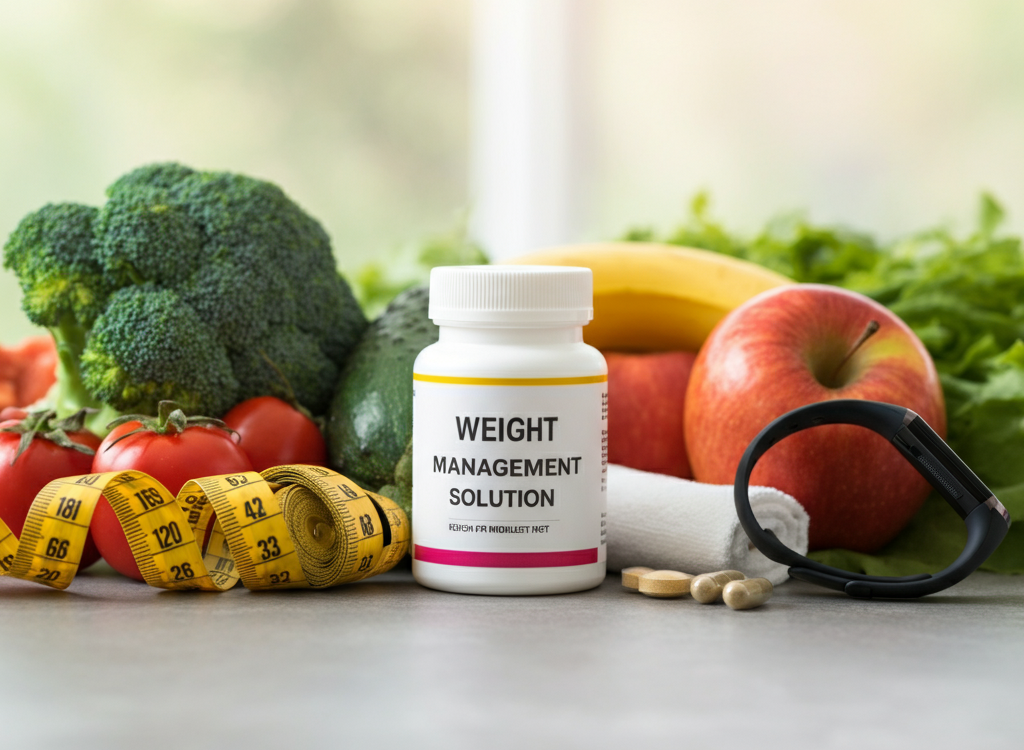 "Lepbound medication with a measuring tape and healthy lifestyle elements like fruits and a fitness tracker."