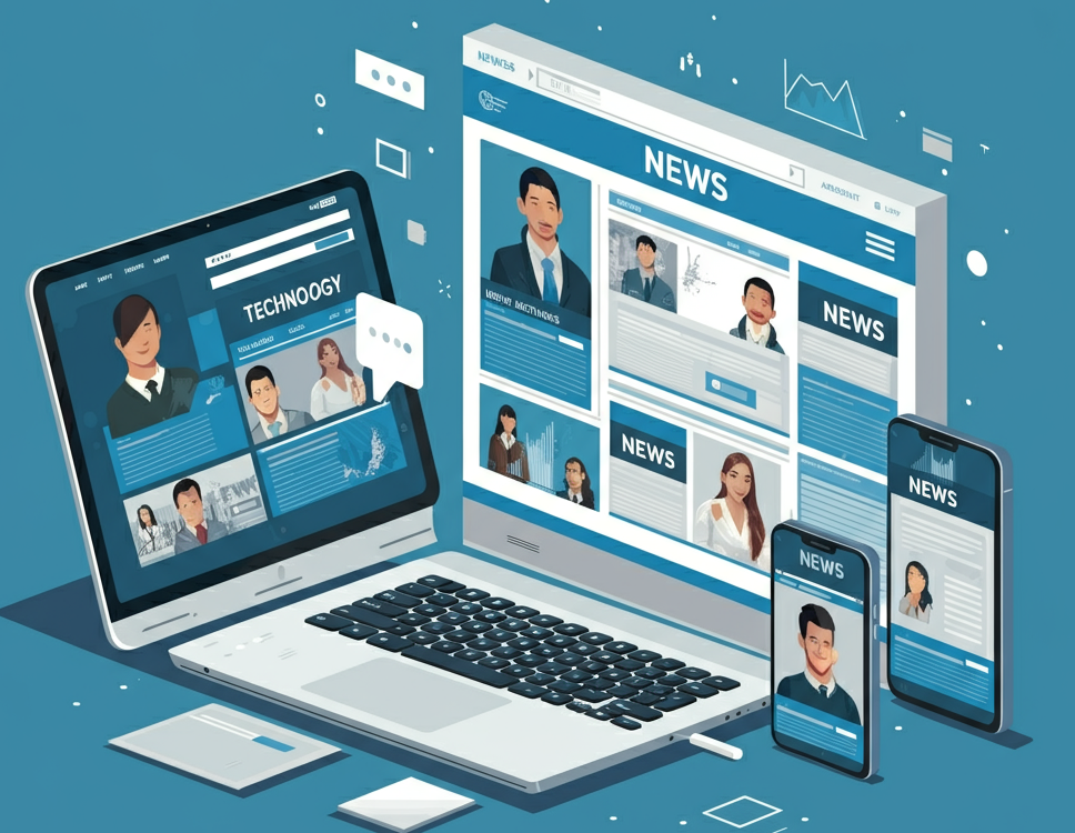 Illustration of a professional news platform with categories like technology, business, and lifestyle.