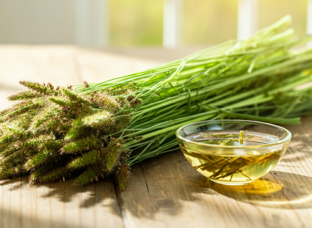 Fresh lyposingrass stalks with herbal tea on a rustic table