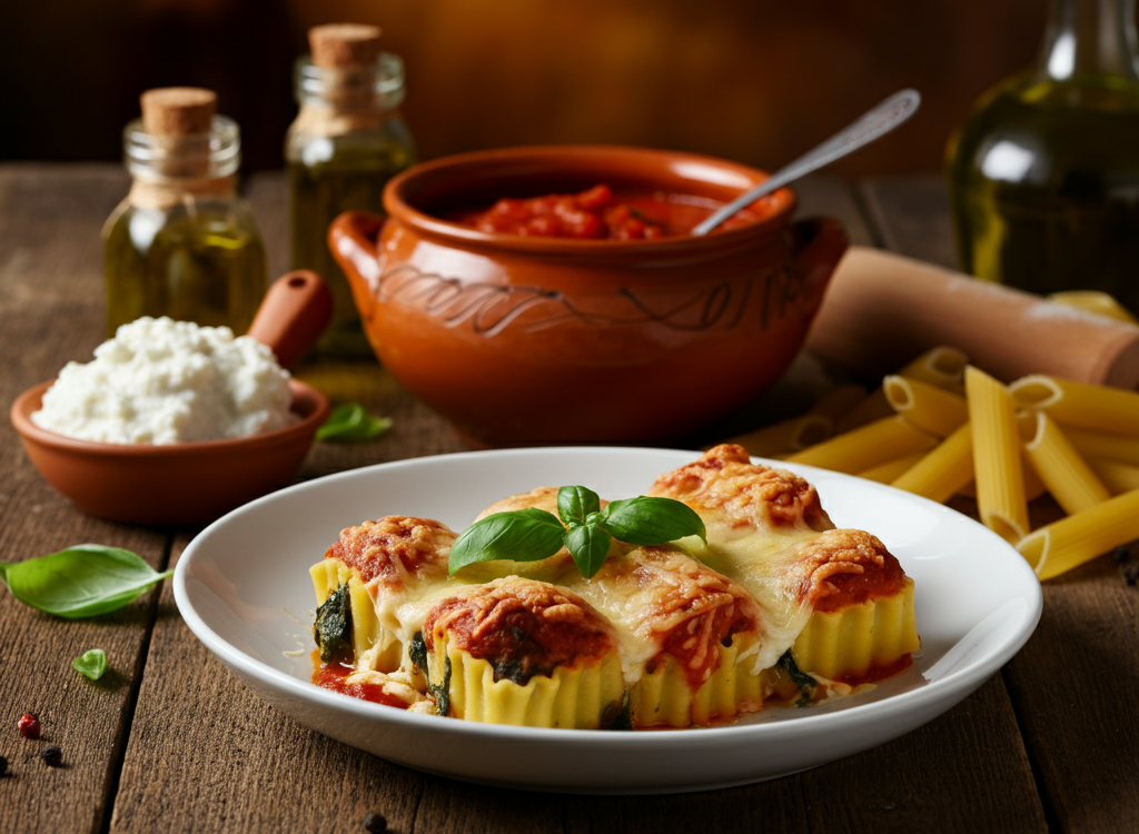Baked mannacote with golden cheese and fresh basil in a rustic Italian kitchen.