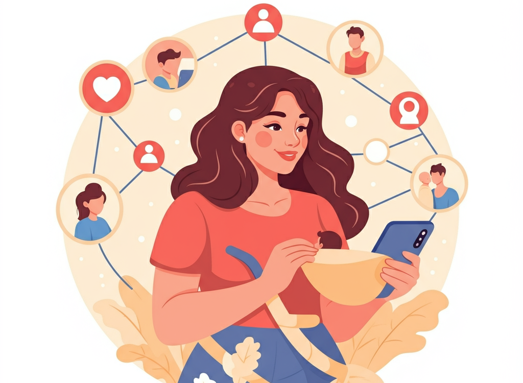 Illustration of a modern mom balancing parenting and social media.