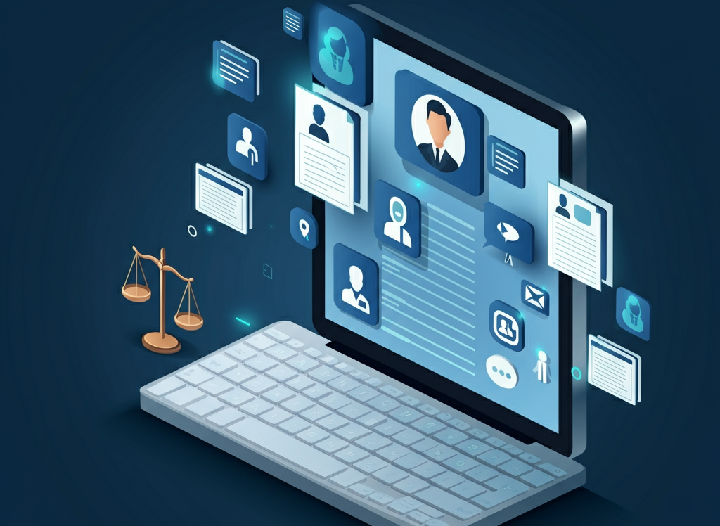 Illustration of a digital platform connecting users with lawyers.