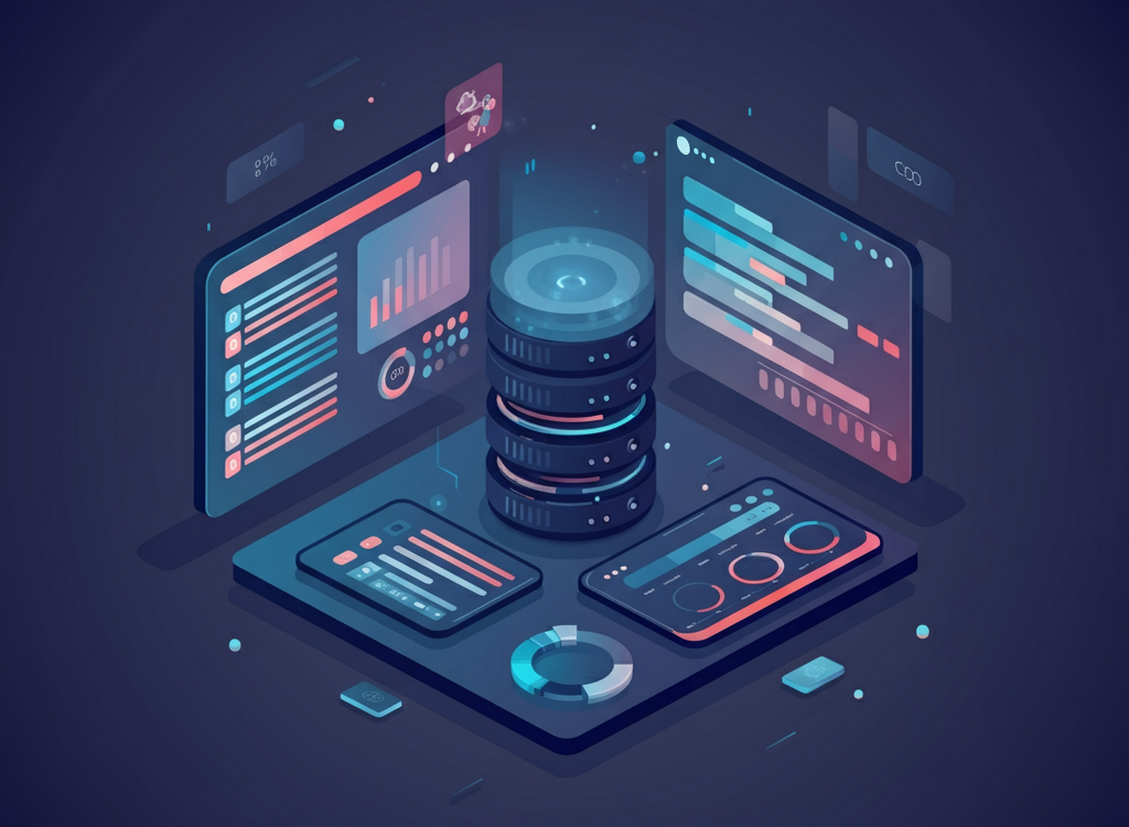 Illustration of a cloud management platform interface with servers and dashboards.