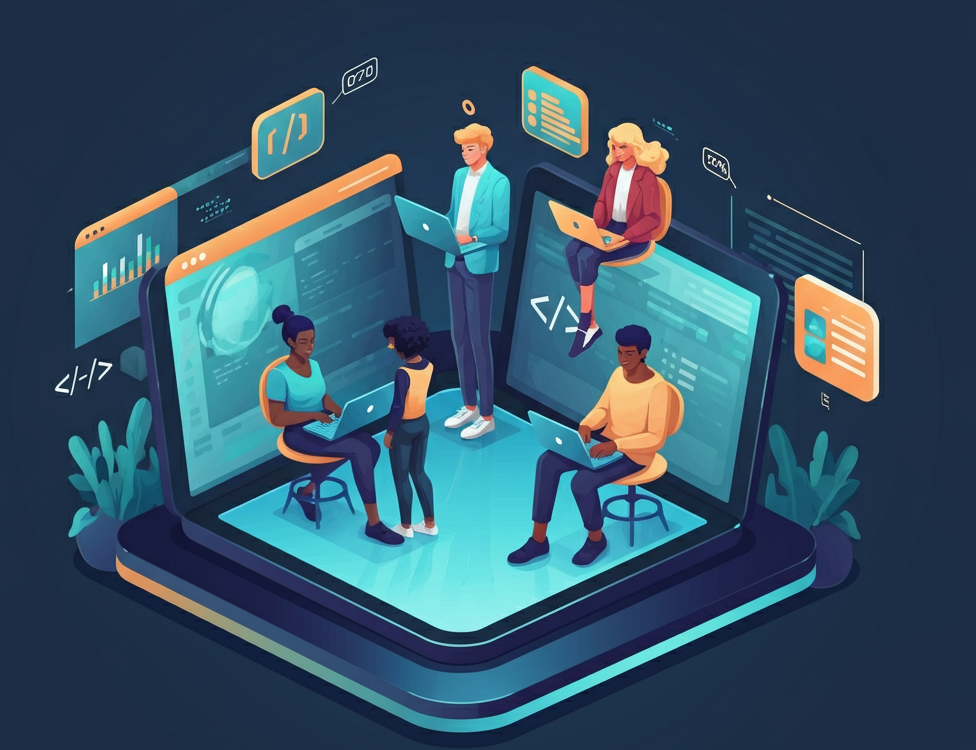 Diverse students learning tech skills online in a futuristic classroom.