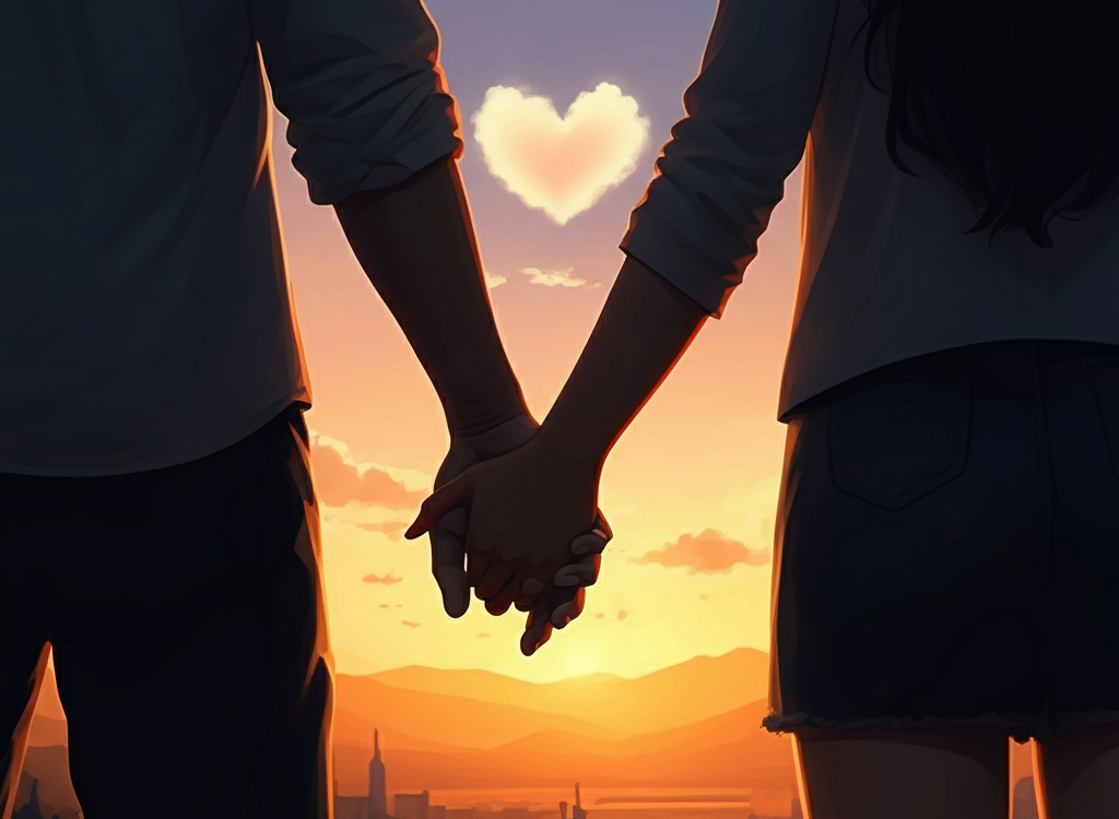 A couple holding hands at sunset, symbolizing love and connection.