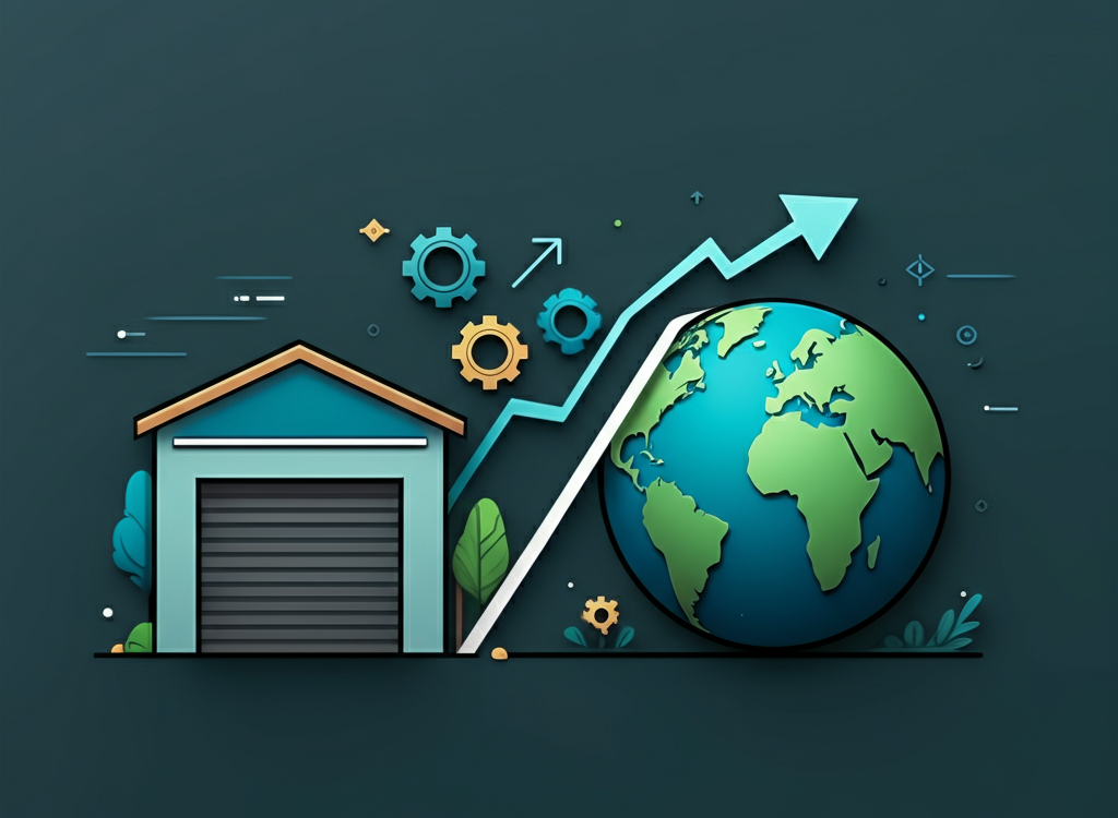 Symbolic image of a garage startup growing into a global business with upward arrows and a globe.