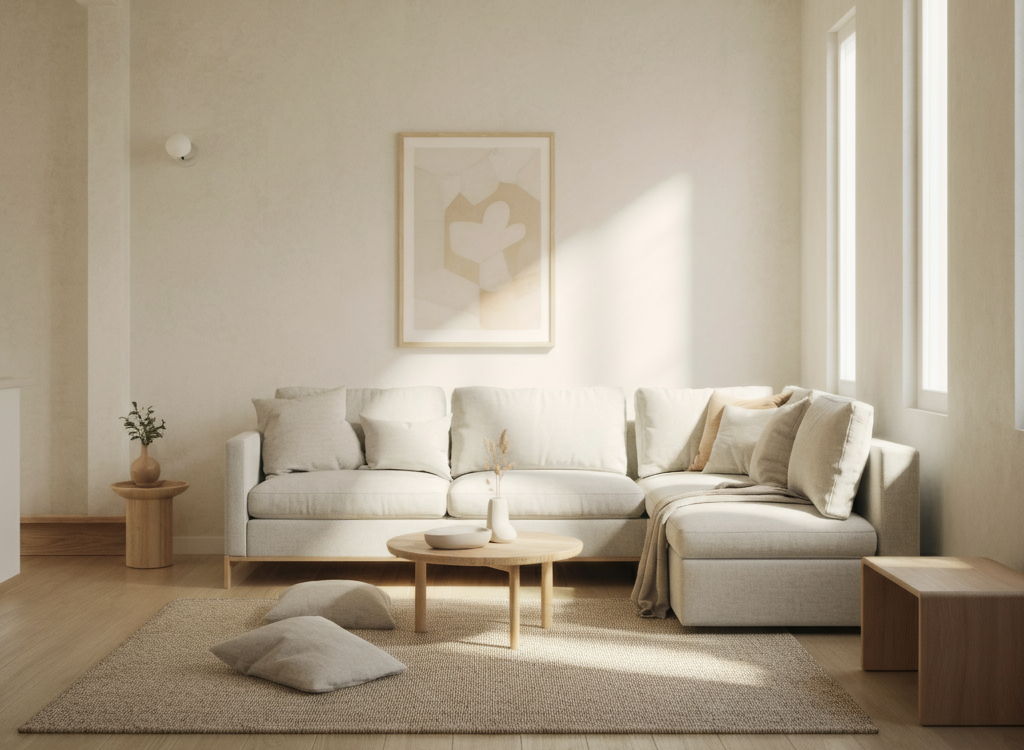 Minimalist living room with natural light and simple decor.