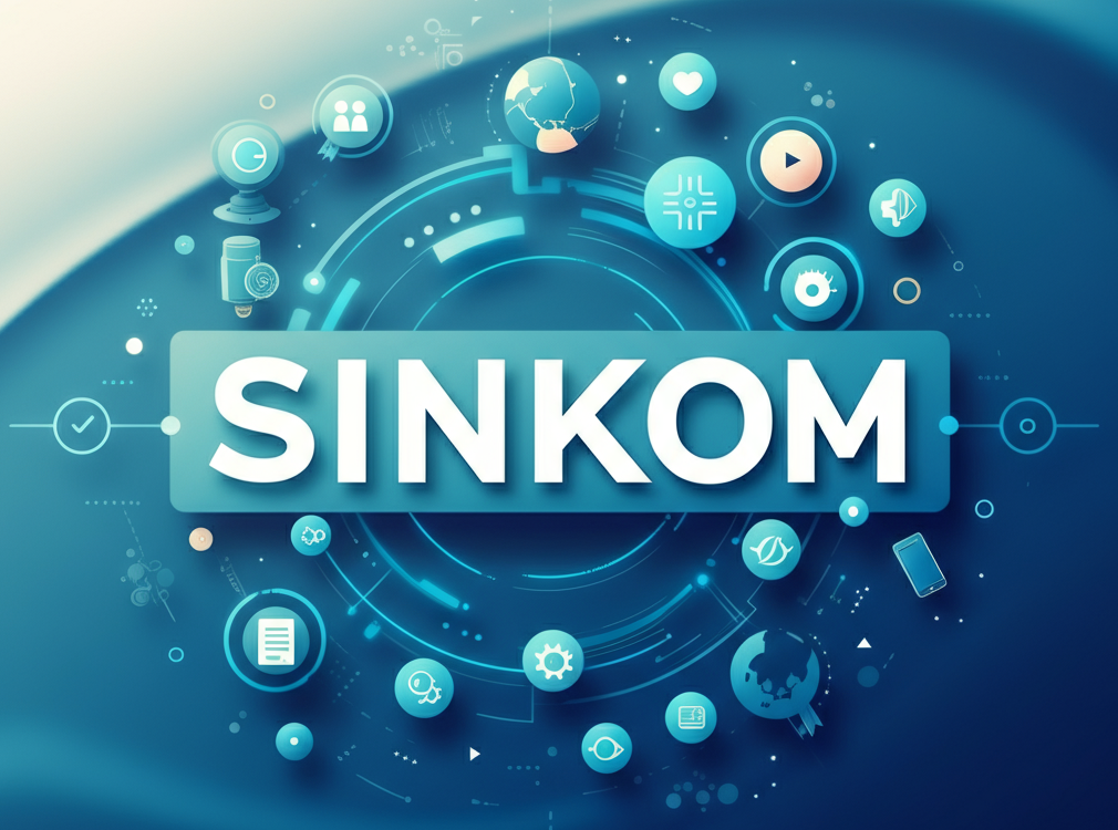 "Modern design with 'Sinkom' and icons for technology and creativity"