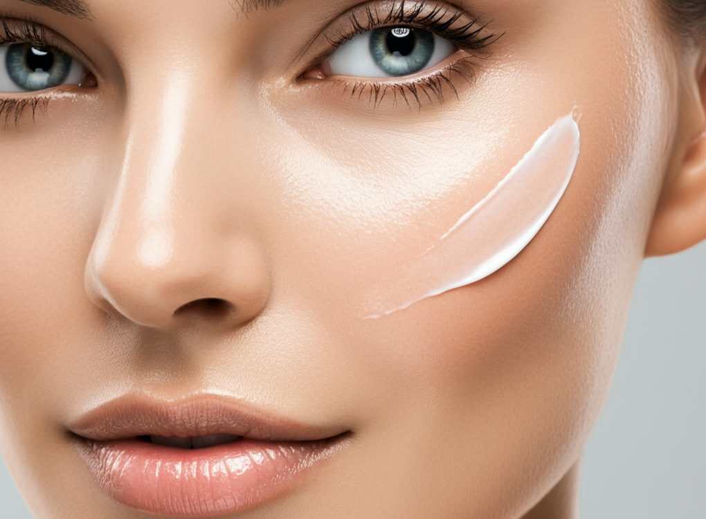 Radiant skin with a clean, minimalistic background showcasing skincare innovation.