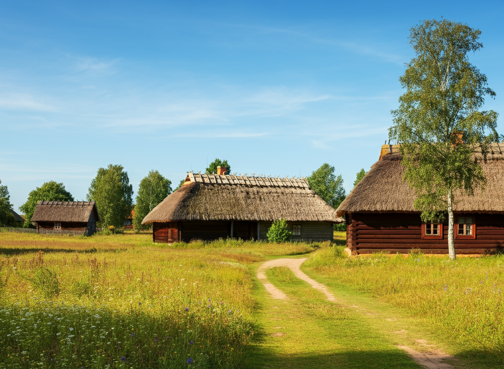 Traditional Lithuanian countryside village with wooden houses and green fields.