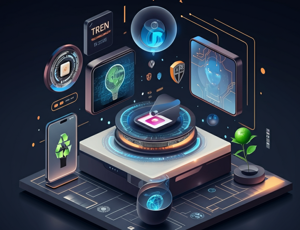 Illustration of futuristic technology trends with AI, mixed reality, and green tech.
