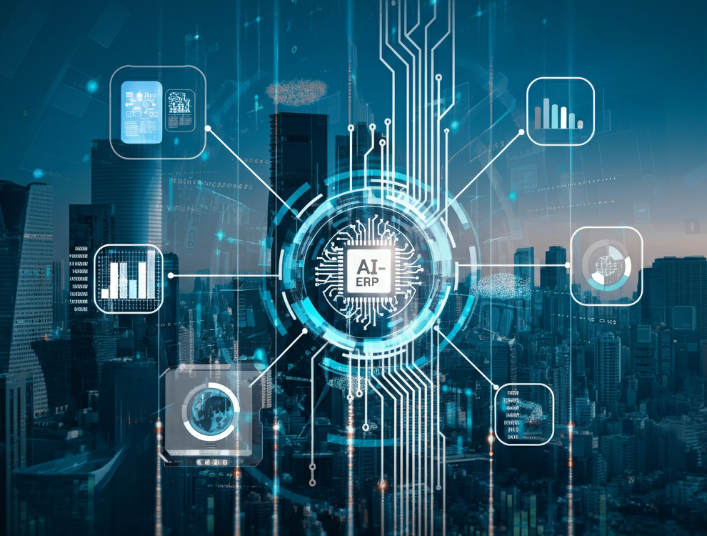 Illustration of AI-driven ERP systems transforming business operations in Nusaker.