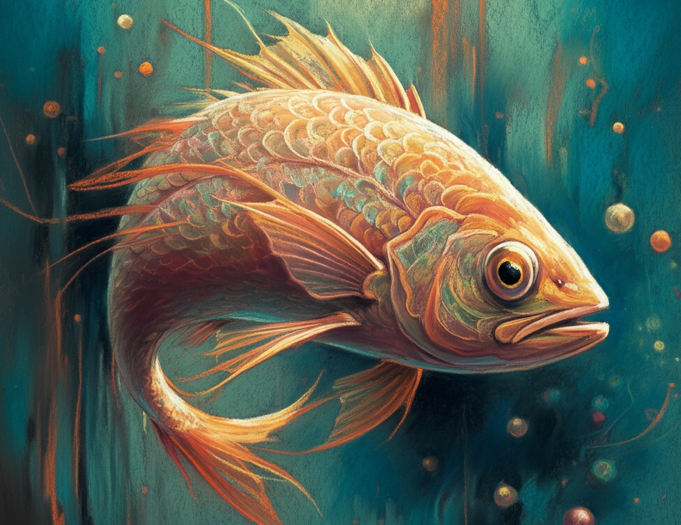 Vibrant pastel artwork of a fish in Rita Kirkman’s style, with abstract water-like background.